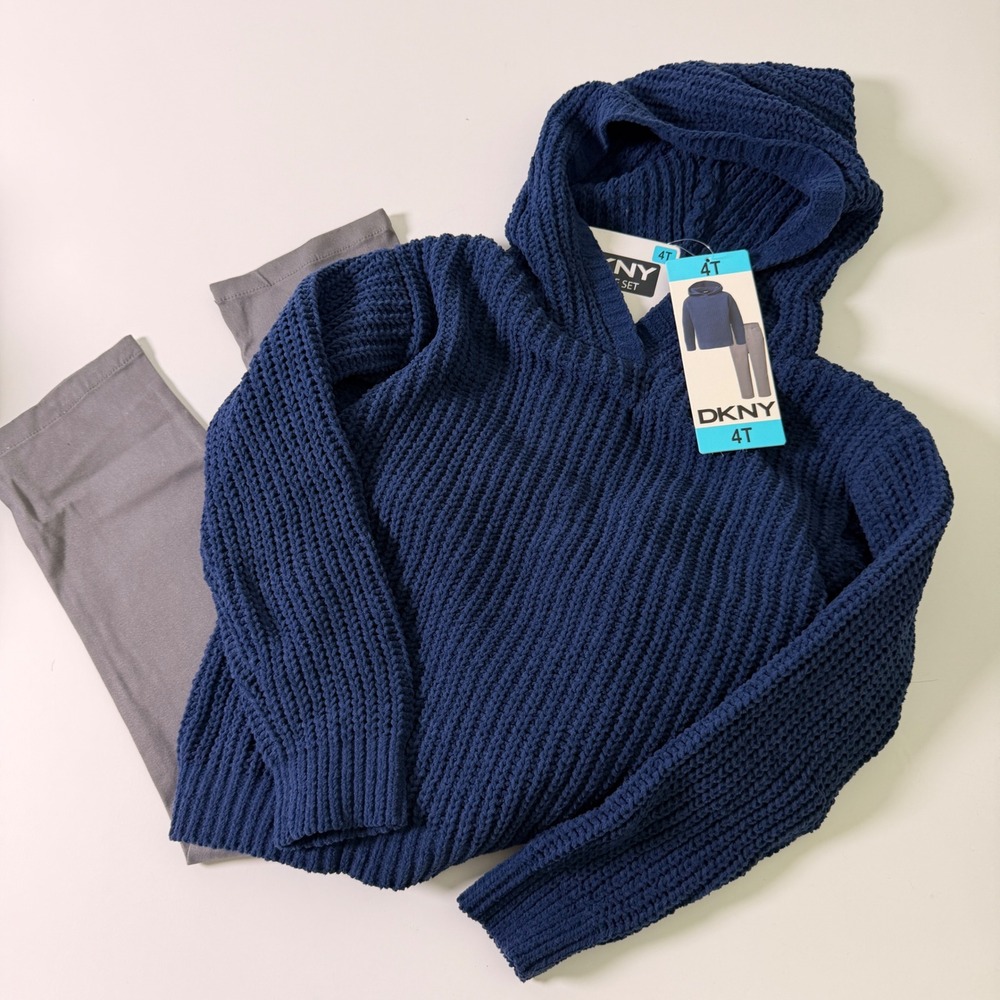 DKNY Kids 2-Piece Set Navy Blue Chenille Knit Hoodie and Grey Pants 4T NWT